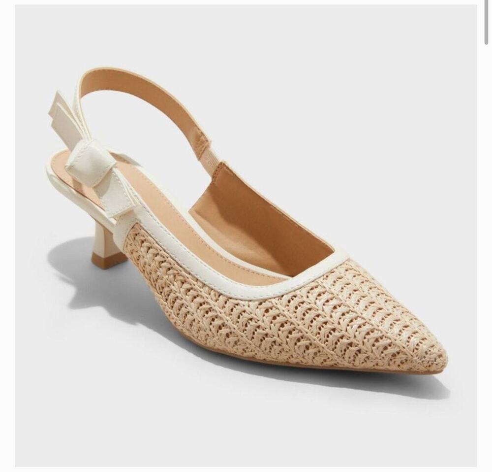 A New Day Milan Raffia Slingback Heels Beige Woven Pointed Toe Womens Size 8.5